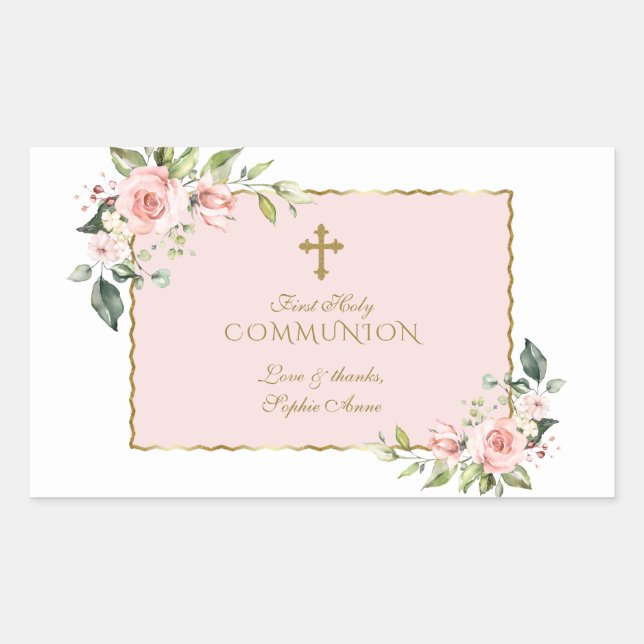 Charming Pink Floral Gold Erste Heilige Kommune Rechteckiger Aufkleber (Vorderseite)