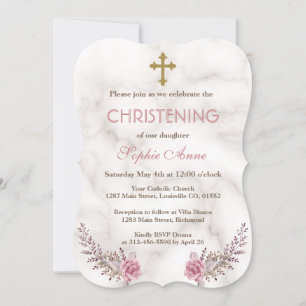 Charming Pink Floral Marble Girl Christening Einladung
