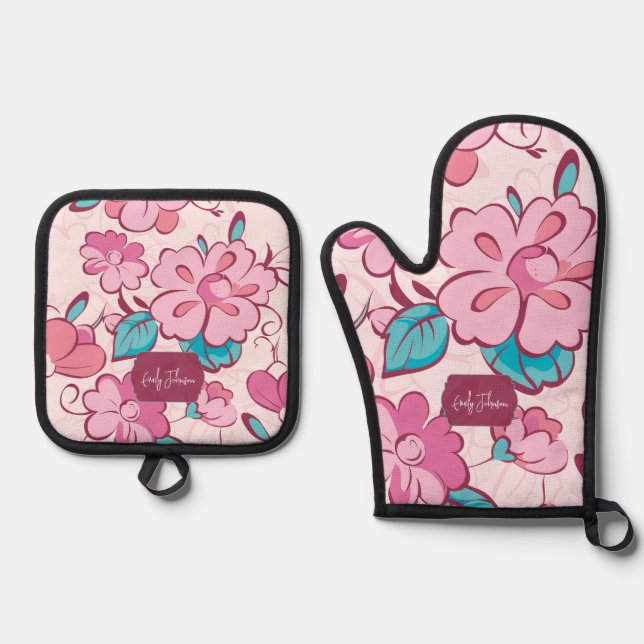 Charming Pink Flower Kitchen Custom Name Ofenhandschuh & Topflappen-Set (Vorderseite)