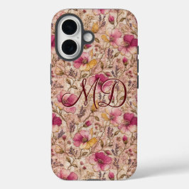 Charming Pink Folk Floral Pattern iPhone 16 Hülle