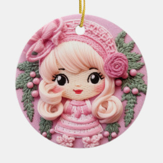 Charming Pink Holiday Elf Keramik Ornament