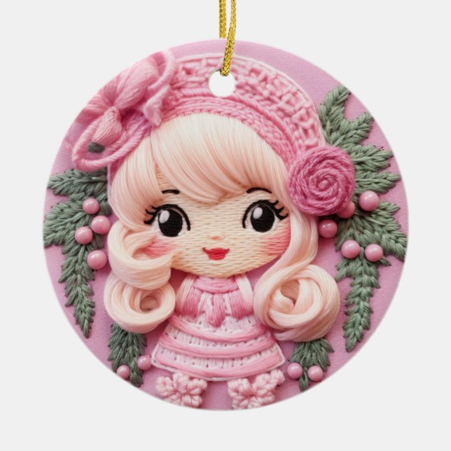 Charming Pink Holiday Elf Keramik Ornament (Vorne)
