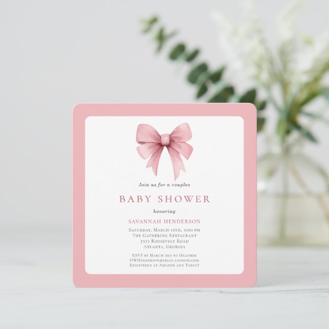 Charming Pink Ribbon Bow Girl Couples Kinderdusche Einladung (Stehend Vorderseite)