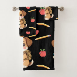 Charming puppy reading, school bag pattern  badhandtuch set