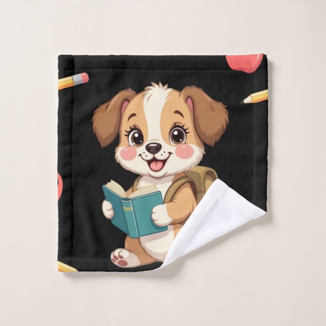Charming puppy reading, school bag pattern  badhandtuch set (Waschlappen)