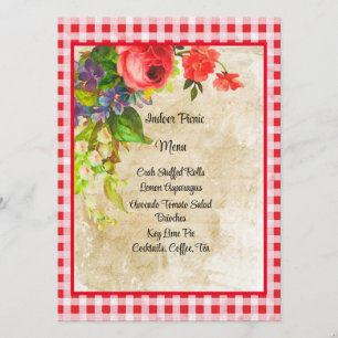 Charming Red Gingham und Blume Menu Card Menükarte