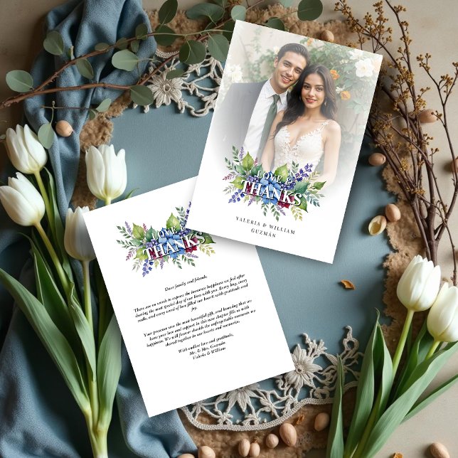 Charming Romantic Floral & Transparency Overlay Dankeskarte (Charming Romantic Floral & Transparency Overlay Wedding Thank You Card with Photo. )