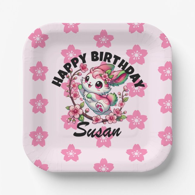 Charming Sakura Bunny Geburtstag Pappteller (Vorderseite)