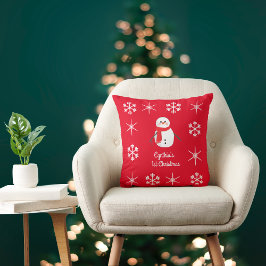 Charming Snowman Child's First Christmas on Red Kissen