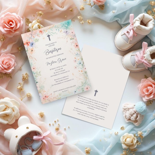 Charming Soft Botanical Floral Frame Baptism Einladung (Charming Digital Watercolor Soft Botanical Floral Frame Baptism Invitation Cards Design.)