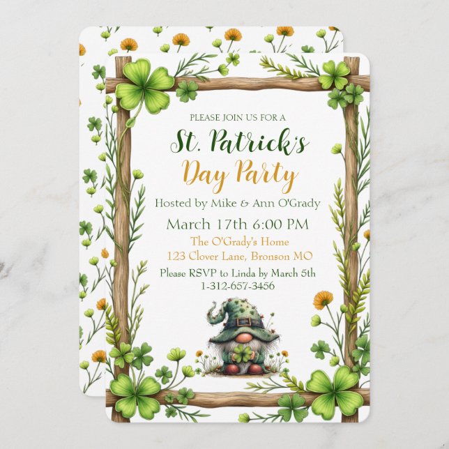 Charming Spring Clover & Gnome Invitation  (Devant / Derrière)