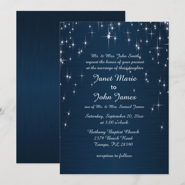 Charming Star Struck Wedding | Navy Blue Einladung (Vorne/Hinten)