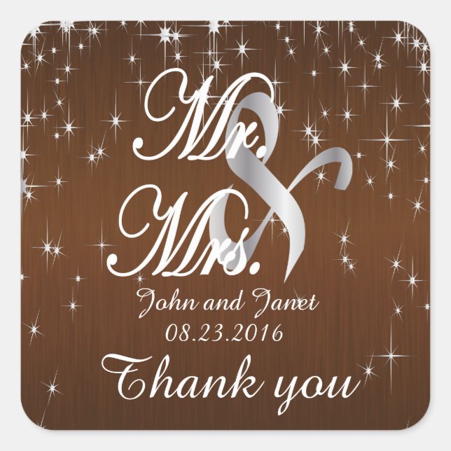 Charming Star Struck Wedding | Schokoladenbraun Quadratischer Aufkleber (Vorderseite)