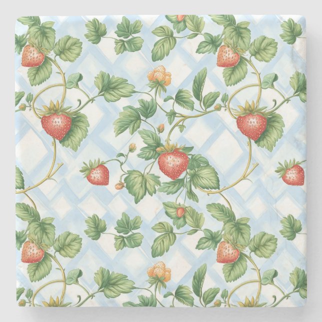 Charming Strawberry & Leaf Muster - Vintag Steinuntersetzer (Vorderseite)