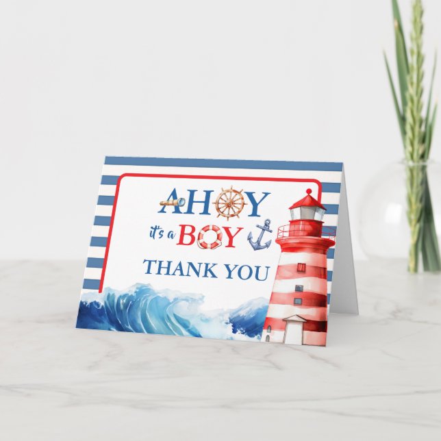 Charming Striped Blue Red Nautical Ahoy Boy Dankeskarte (Vorderseite)