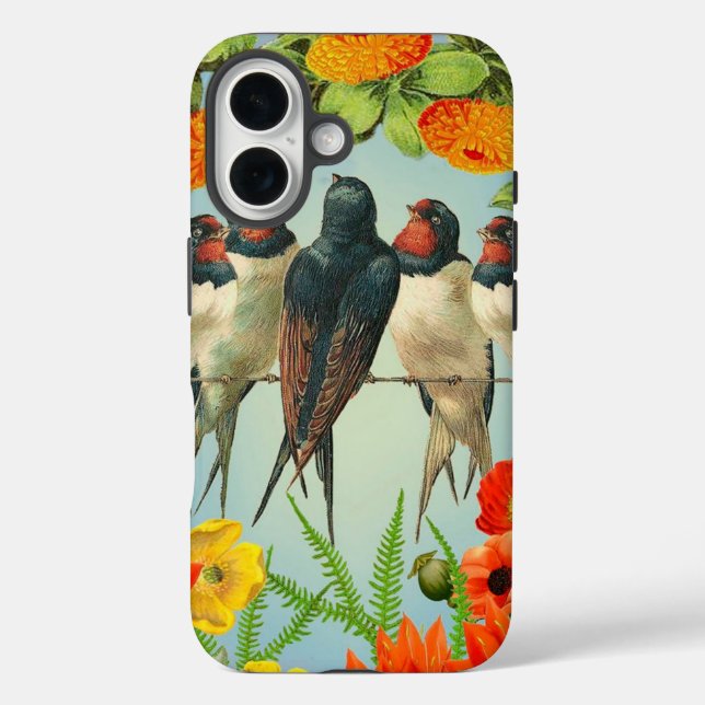 Charming Swallows and Floral iPhone Case" 16 Hülle (Rückseite)
