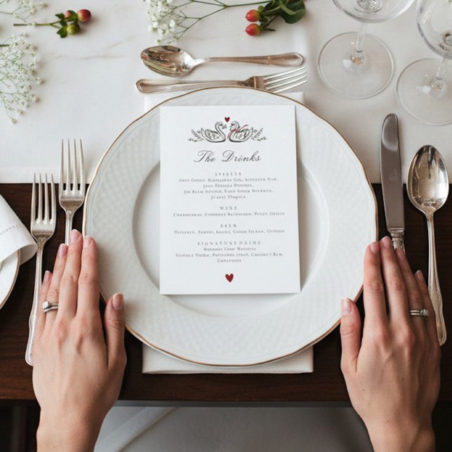 Charming Swan Pair Love Wedding drinks Menu Card (Créateur téléchargé)