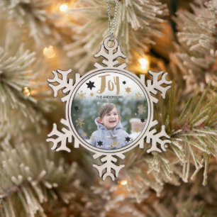 Charming Trendy Joy Holiday Foto Schneeflocken Zinn-Ornament
