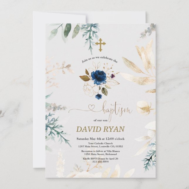 Charming Watercolor Blue Floral Gold Taufe Einladung (Vorderseite)