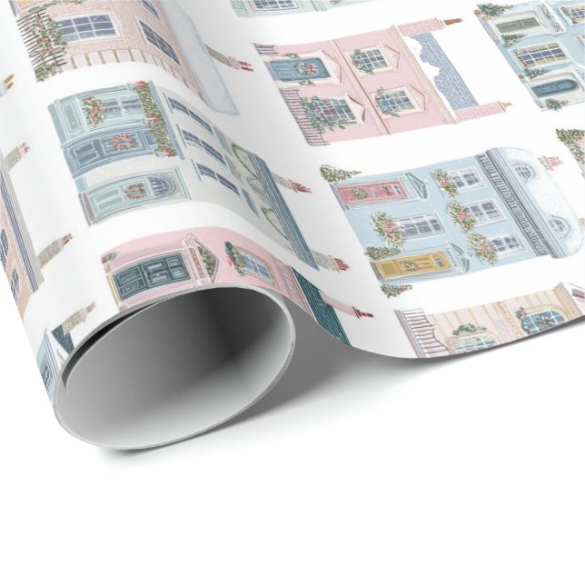 Charming Watercolor Christmas Houses Giftwrap Geschenkpapier (Rolleneckpunkt)