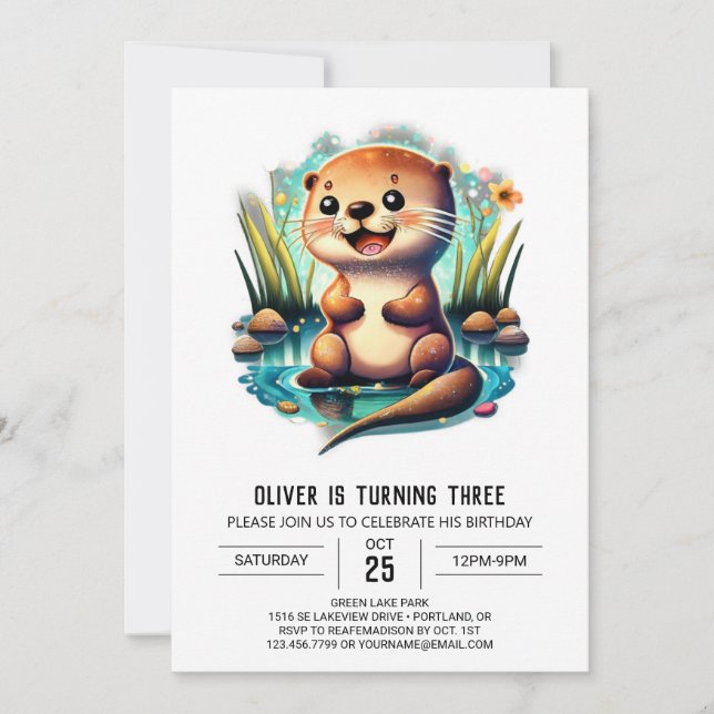 Charming Watercolor Otter Invitation Anniversaire (Devant)
