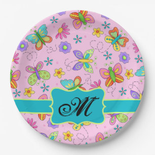 Charming Whimsy Butterfets Pink Monogram Pappteller