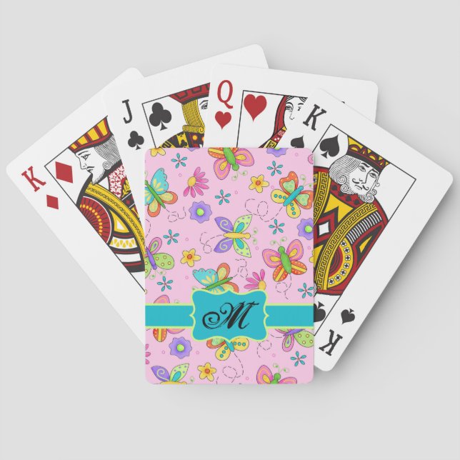 Charming Whimsy Butterfets Pink Monogram Spielkarten (Rückseite)