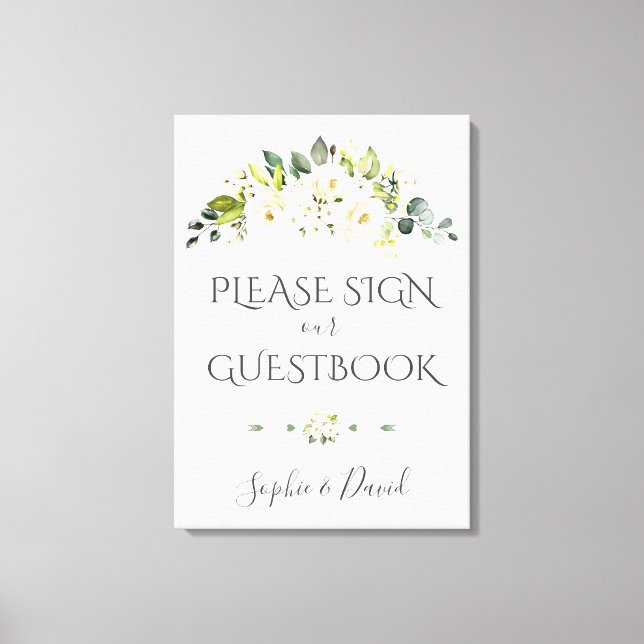 Charming White Cream Floral Gästebuchunterschrift Leinwanddruck (Vorderseite)