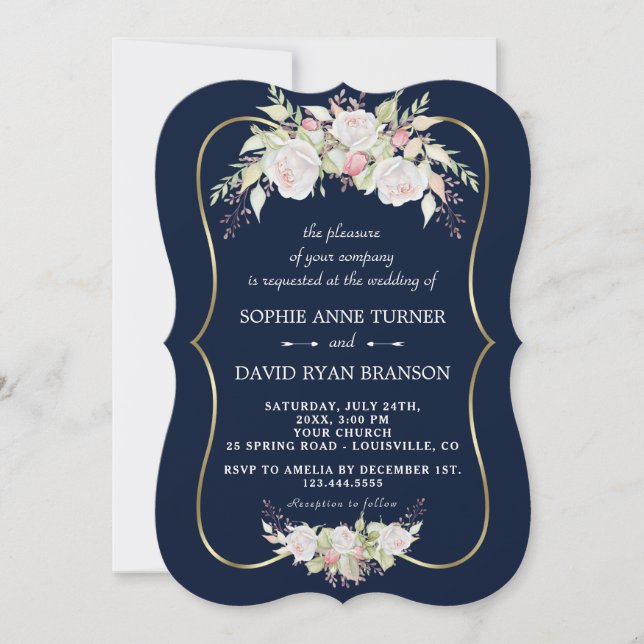 Charming White Pink Roses Navy Blue Gold Hochzeit Einladung (Vorderseite)