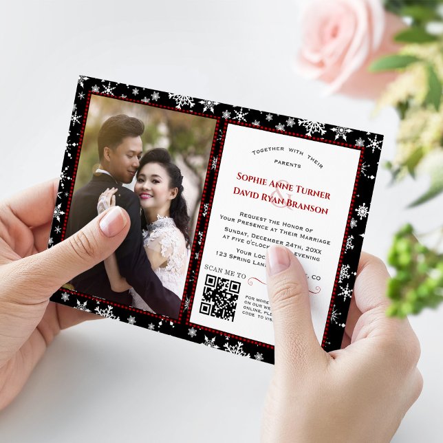 Charming Winter Holidays Snowflakes Photo Wedding Einladung (winter holidays photo wedding, snowflakes photo winter wedding, red buffalo plaid wedding invitation)