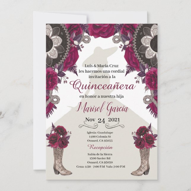 Charra Quinceanera Einladung, Burgund Mariachi (Vorderseite)