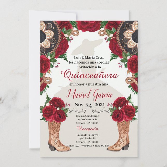 Charra Quinceanera Einladung, Rote Rosen Mariachi (Vorderseite)