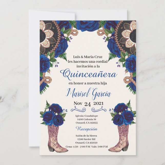 Charra Quinceanera Einladung, Royal Blue Mariachi (Vorderseite)