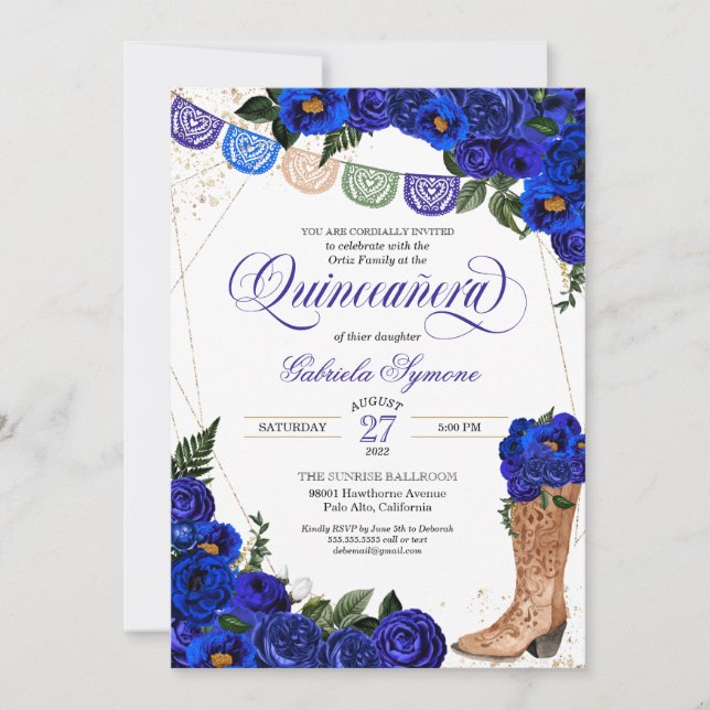 Charra Rustic Cowgirl Boots Blue Rose Quinceañera Einladung (Vorderseite)