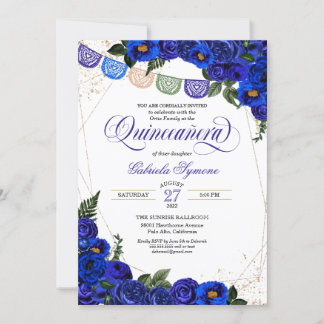 Charra Rustic Papel Picado Blue Rose Quinceañera Einladung