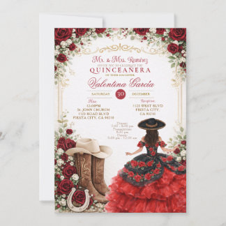 Charra Western Quince Red Rose Quinceañera Einladung
