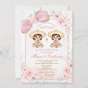 Charra Zwillingsmädchen Rosa Blumen Taufe 1. Gebur Einladung