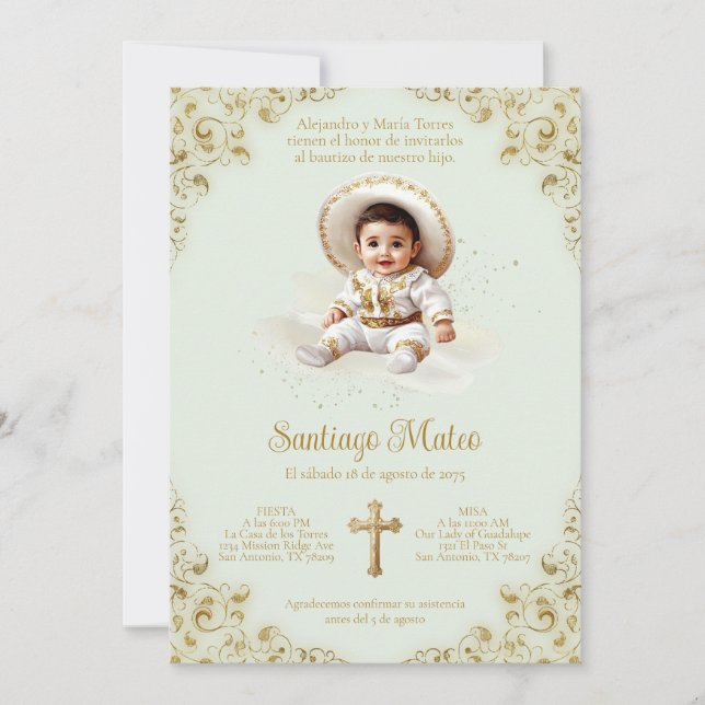 Charro Baptism Invitation - Garçon - Sage & Or (Devant)