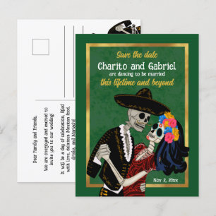Charro Catrina Sugar Skulls Green Save the Date Postkarte