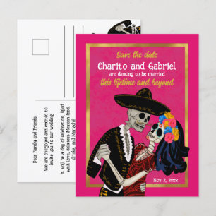 Charro Catrina Sugar Skulls Pink Save the Date Postkarte