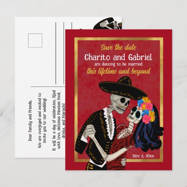 Charro Catrina Sugar Skulls Rot Save the Date Postkarte (Vorne/Hinten)