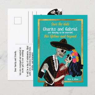 Charro Catrina Sugar Skulls Save the Date Aquamari Postkarte