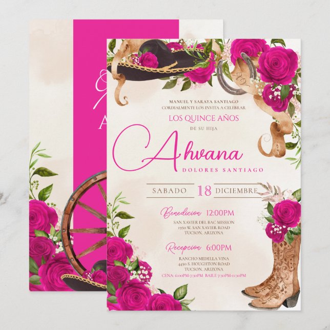Charro Charro Western Rose Quinceñera Einladung (Vorne/Hinten)