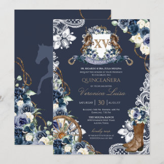 Charro Horse Wappen Royal Navy Blue Quinceanera In Einladung