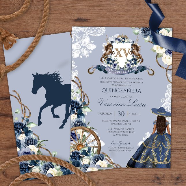 Charro Horse Wappen Royal Navy Blue Quinceanera In Einladung (Von Creator hochgeladen)