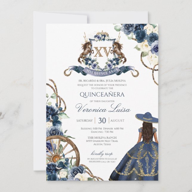 Charro Horse Wappen Royal Navy Blue Quinceanera In Einladung (Vorderseite)