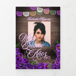 Charro Lila Rose Land Foto Quinceañera hinzufügen Dreifach Gefaltete Einladung