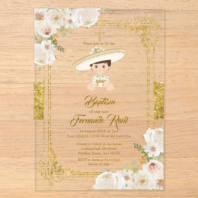 Charro Mexican Gold Fiesta Boy Baptism Christening Acryleinladungen (Vorderseite)
