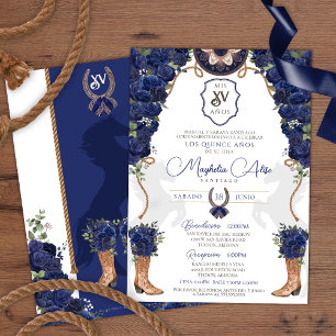 Charro Quinceañera, Navy Blue Floral Western Einladung
