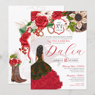 Charro Quinceañera Rote Rose Floral Wappen Western Einladung